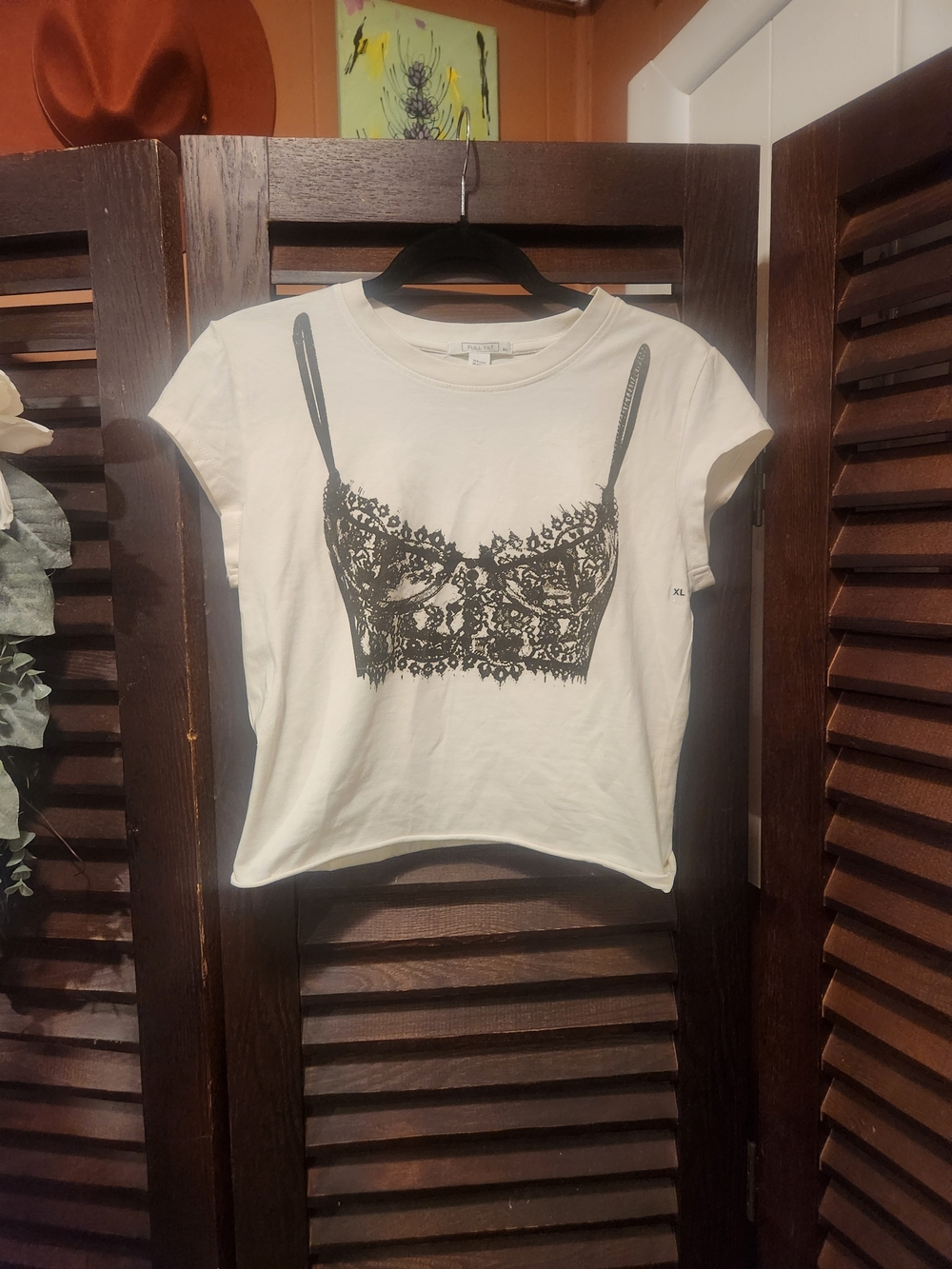 Full Tilt White Baby Tee with Black Lace Bralette Graphic